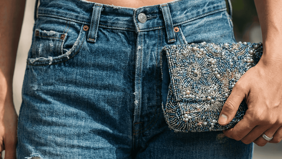 Close-up shot showing a pair of textured blue denim jeans and a hand holding a sparkling, intricately beaded clutch bag