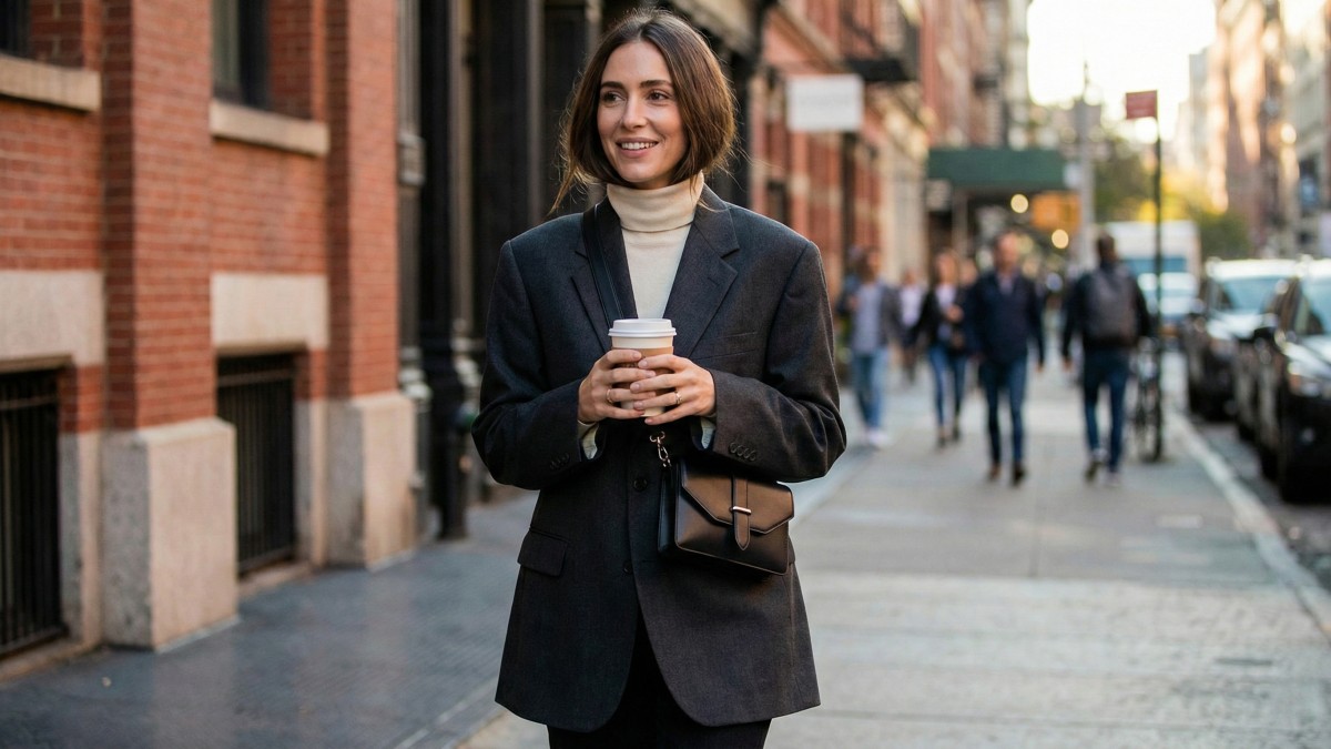 woman grabbing a cup of coffee with chic black leather crossbody belt bag