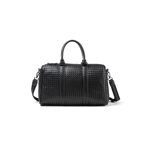 Fashion large capacity black weave weekender PU sport gym crossbody bags travel with custom printed logo