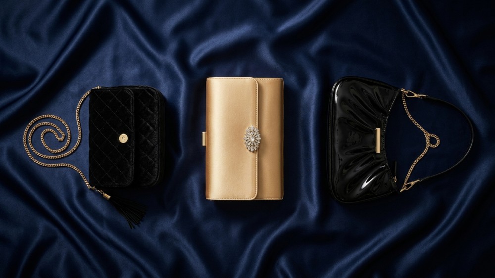 Crossbody, clutch, and shoulder bag displayed side by side