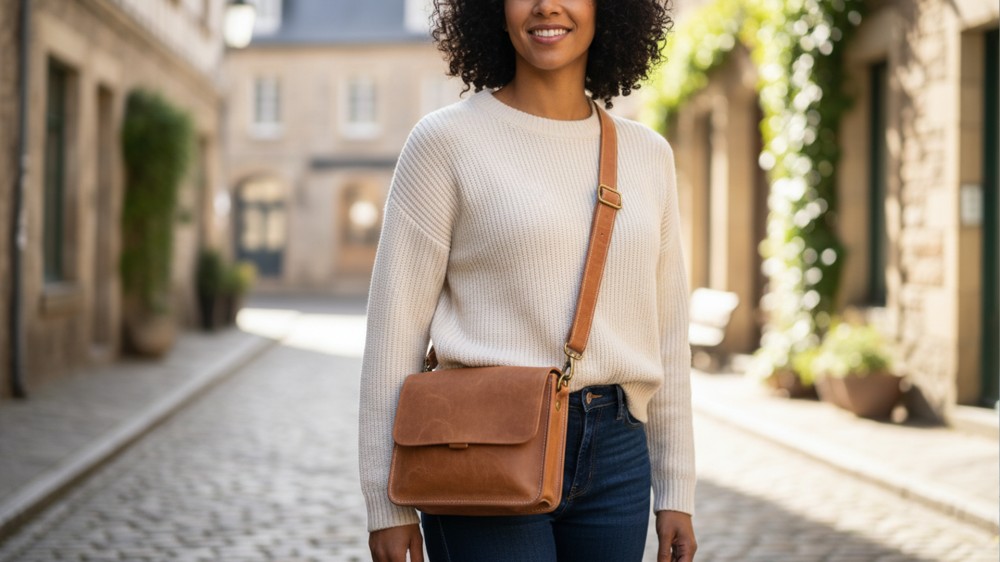 woman-demonstrating-ideal-tan-leather-crossbody-strap-length