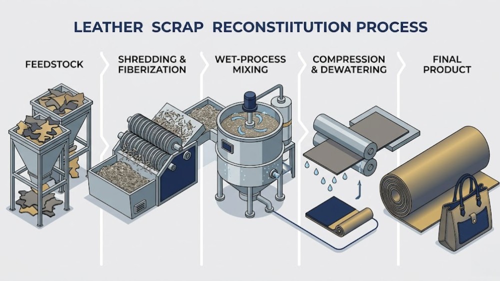 Exploded diagram of leather scrap reconstitution process