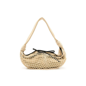 Casual Crescent-Shaped Genuine Leather Crossbody Bag with Woven Net Overlay