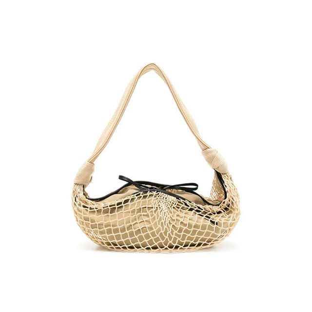 Casual Crescent-Shaped Genuine Leather Crossbody Bag with Woven Net Overlay