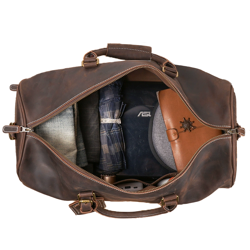 Retro Crazy Horse Leather Duffle Bag with ID Tag-Spacious Interior