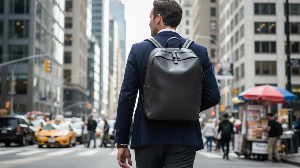 professional-wearing-a-structured-leather-backpack-in-city