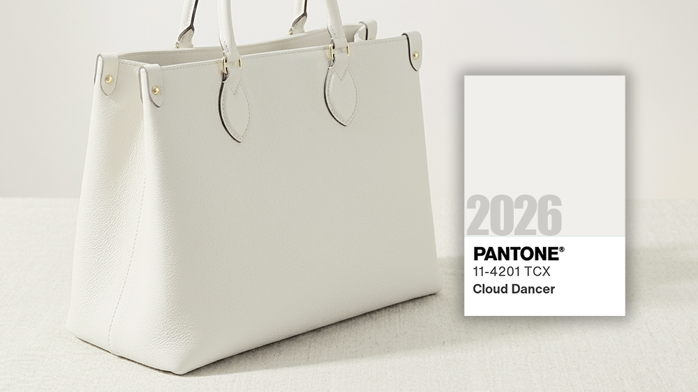 pantone color of the year 2026 cloud dance and a white handbag-2026
