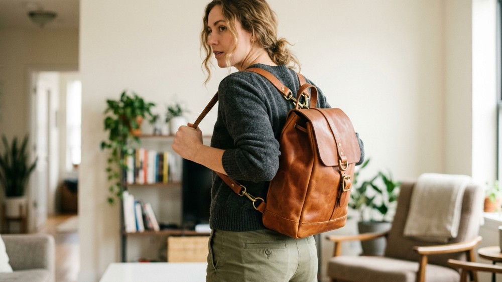 person-adjusting-leather-backpack-straps