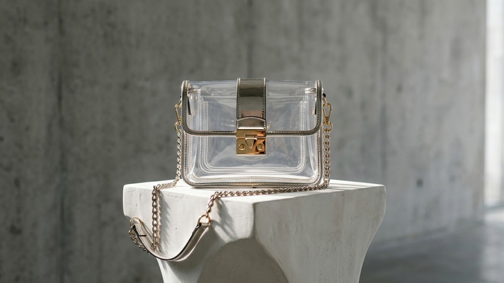 Luxury clear crossbody bag displayed in gallery lighting