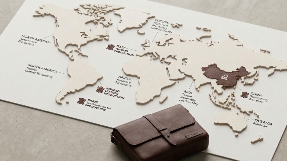World map highlighting bonded leather production regions