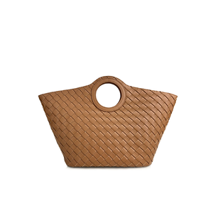 Women's Round Handle Genuine Leather Woven Basket Tote Bag