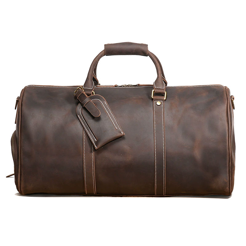 Retro Crazy Horse Leather Duffle Bag with ID Tag-Accent Tag Included