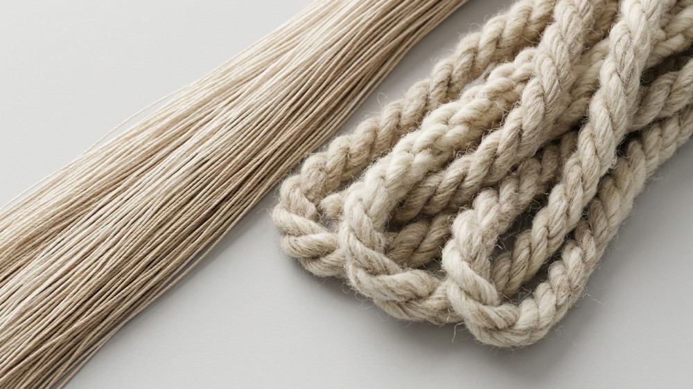 Macro comparison of thread and crochet fiber thickness