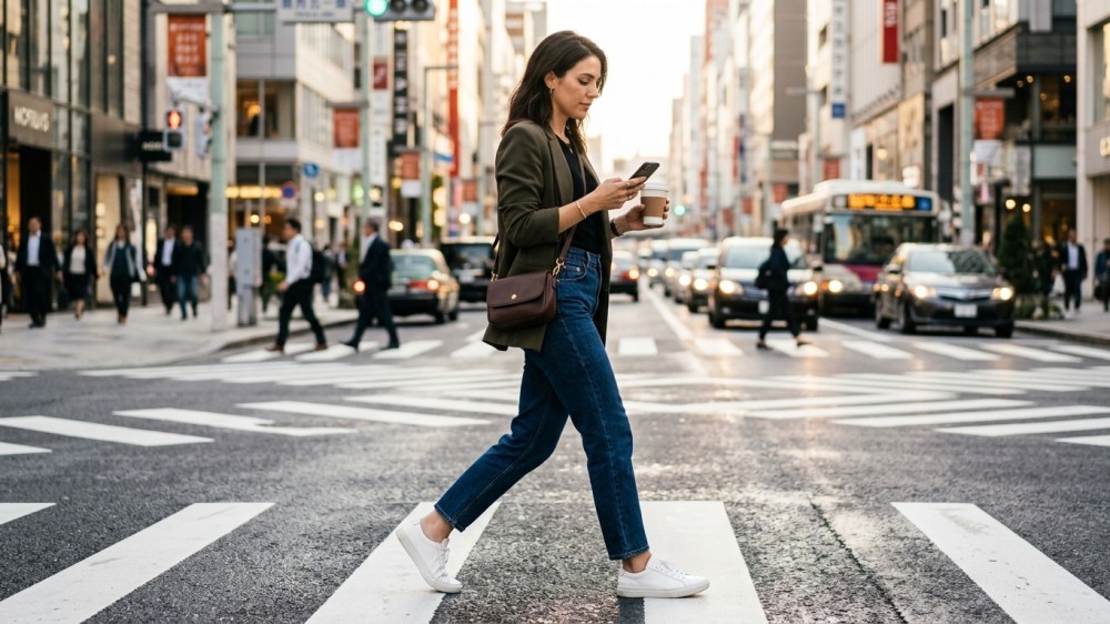 Woman commuting with mini leather crossbody bag worn securely across her body
