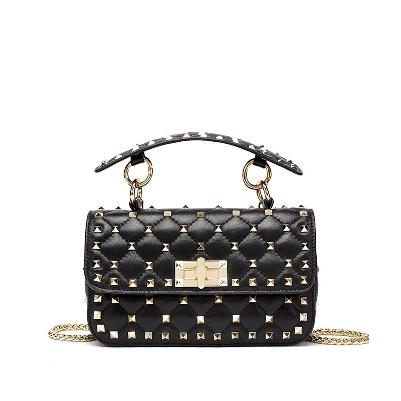 Lambskin Quilted Chain Shoulder Bag with Rivet-Embracing Gothic Aesthetics