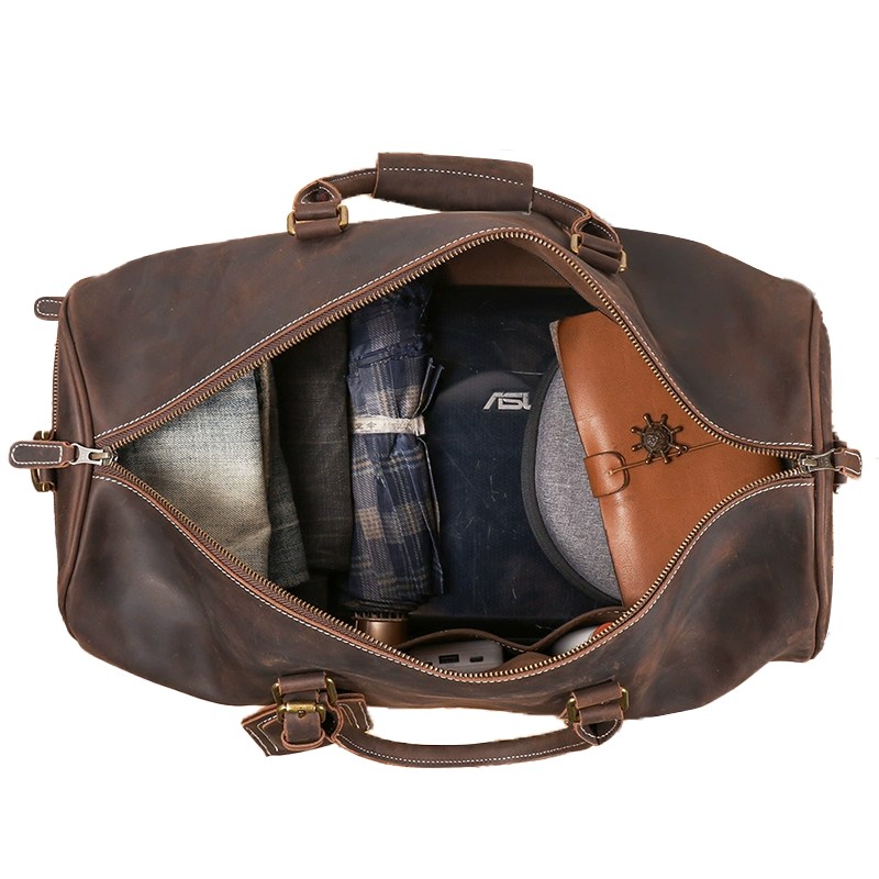 Retro Crazy Horse Leather Duffle Bag with ID Tag-Spacious Interior