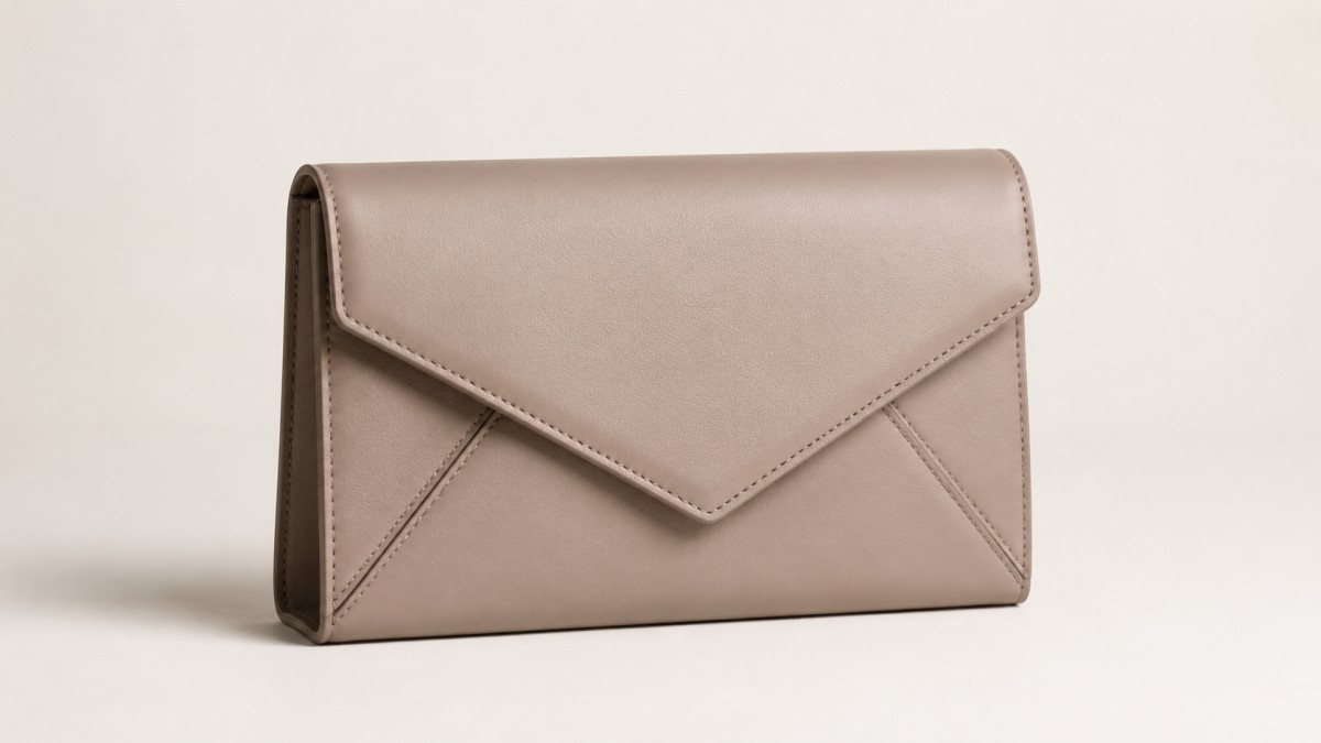 Leather envelope bag against a plain warm off-white wall