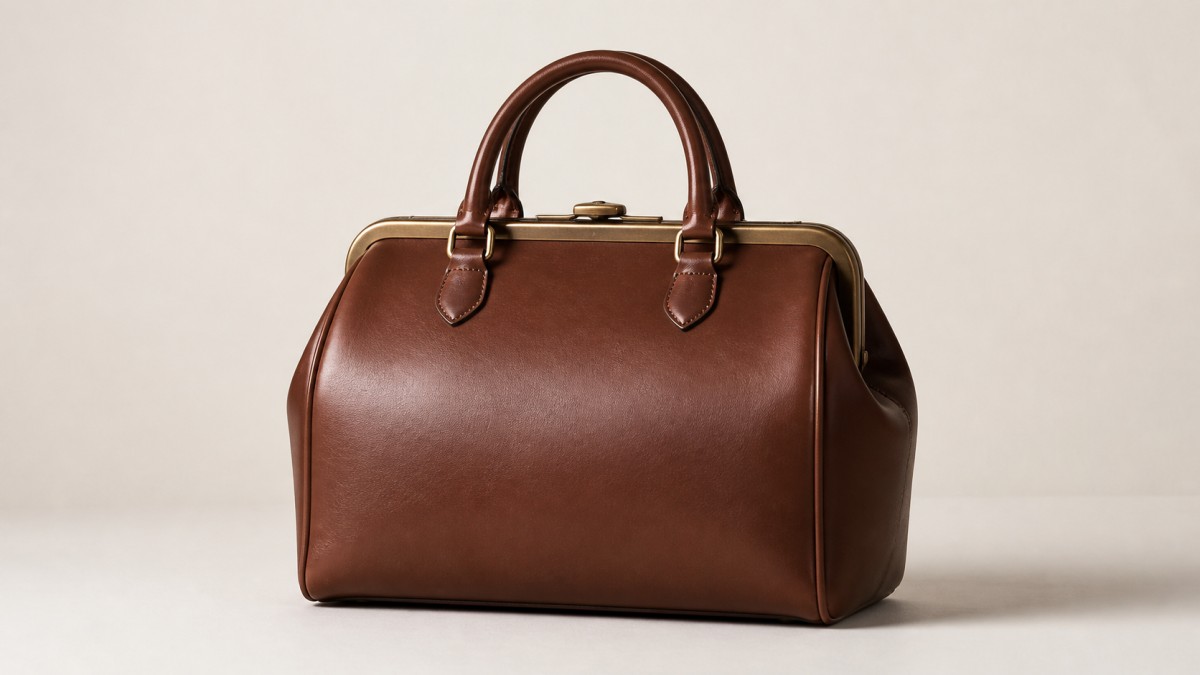 Structured smooth leather doctor bag with an arched framed opening and two rigid handles against a plain warm off-white wall