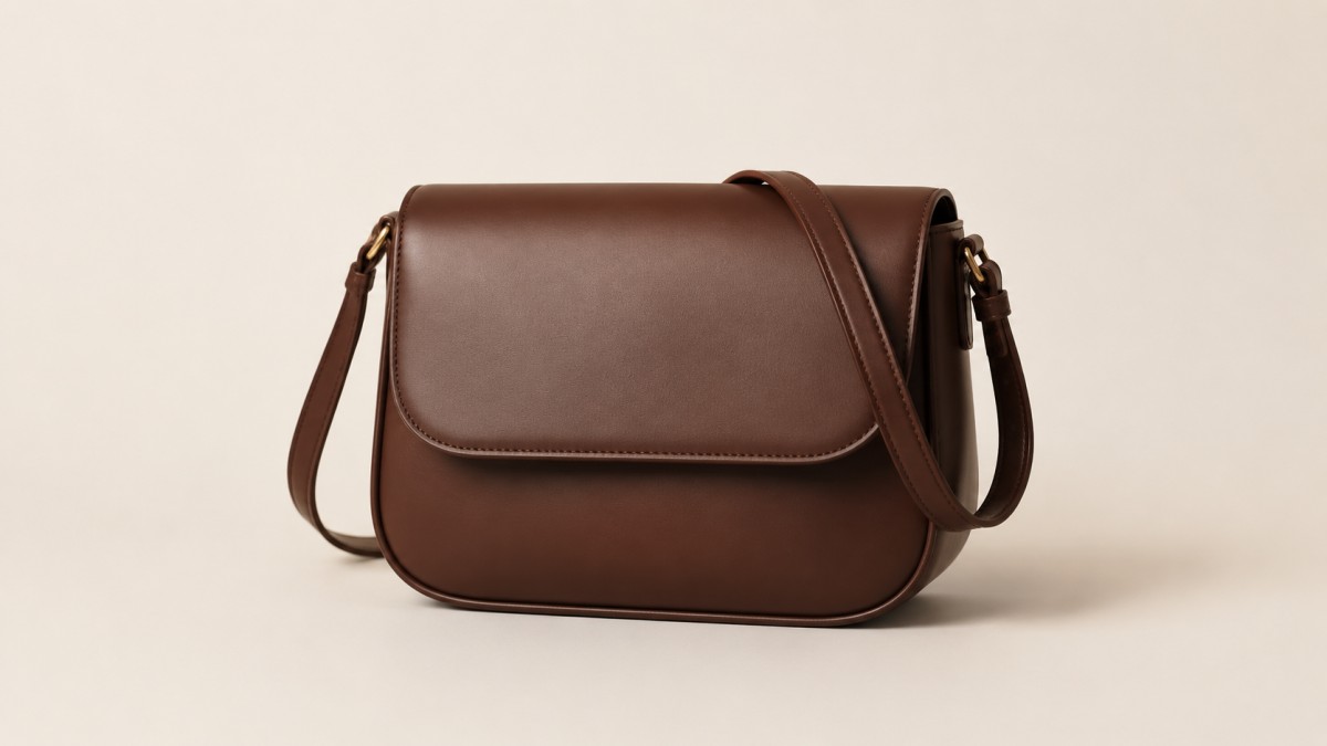 Leather crossbody bag against a plain warm off-white wall