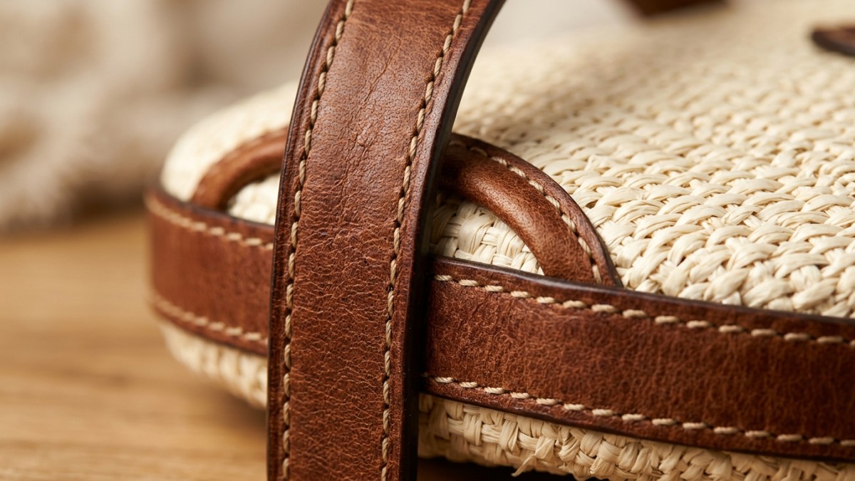 Macro shot of precise stitching on a brown leather trim of a straw bag.