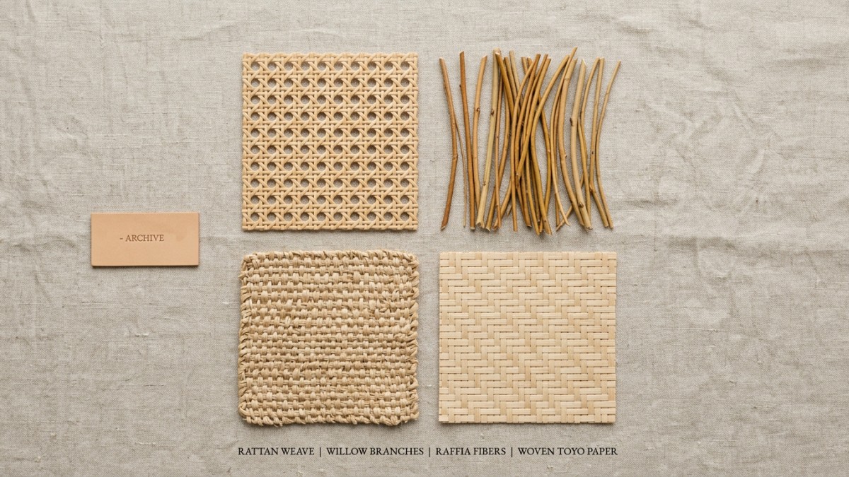 Flat lay of luxury raw materials including rattan, willow, raffia, and toyo paper.