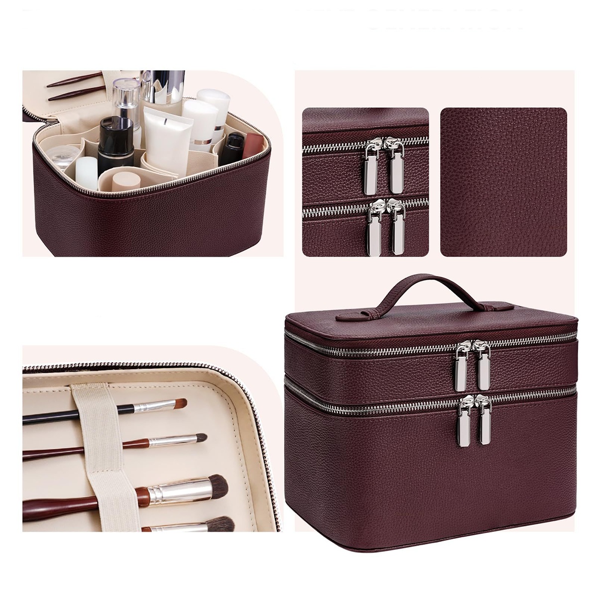 Structured Double-Layer PU Leather Travel Cosmetic Bag-Lining And Detail Display Structured Double-Layer PU Leather Travel Cosmetic Bag-Lining And Detail Display