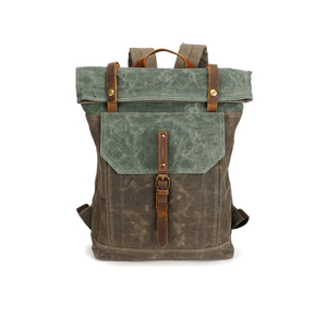 Vintage Waxed Canvas Laptop Backpack with Leather Trim and Buckled Front Pocket