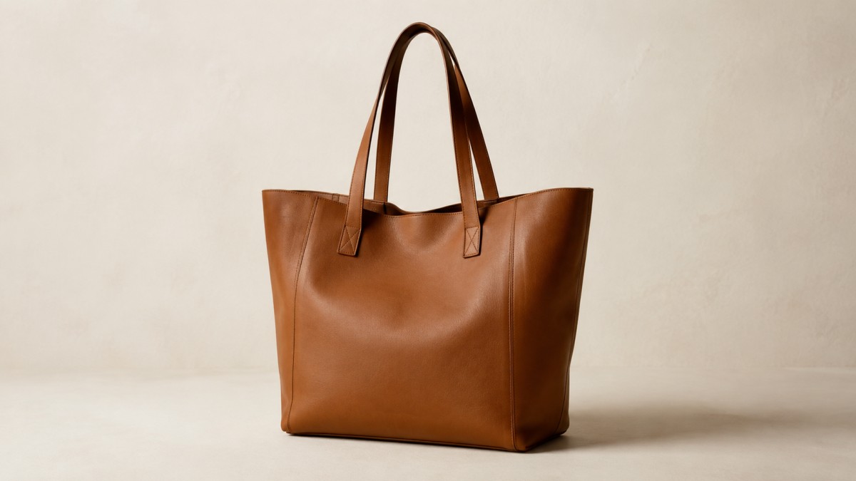 Leather tote bag against a plain warm off-white wall