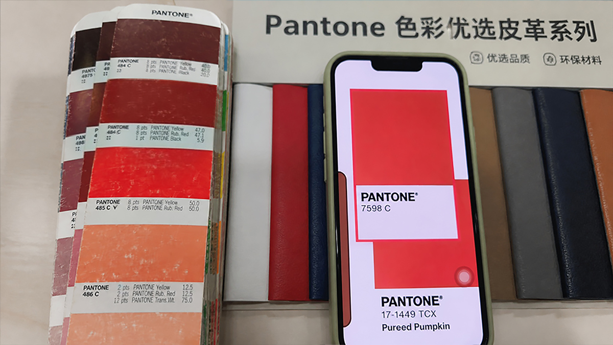 Dyed full-grain leather swatches compared against standardized industrial color reference chips.