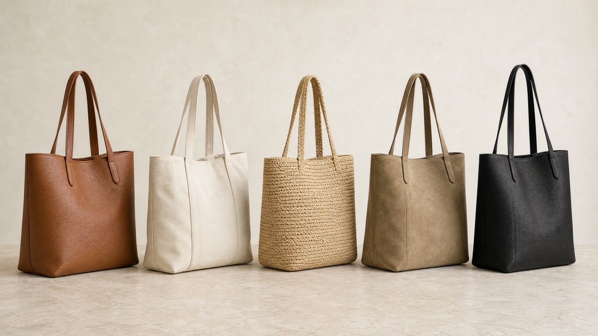 Five tote bag structural types shown side by side for comparison