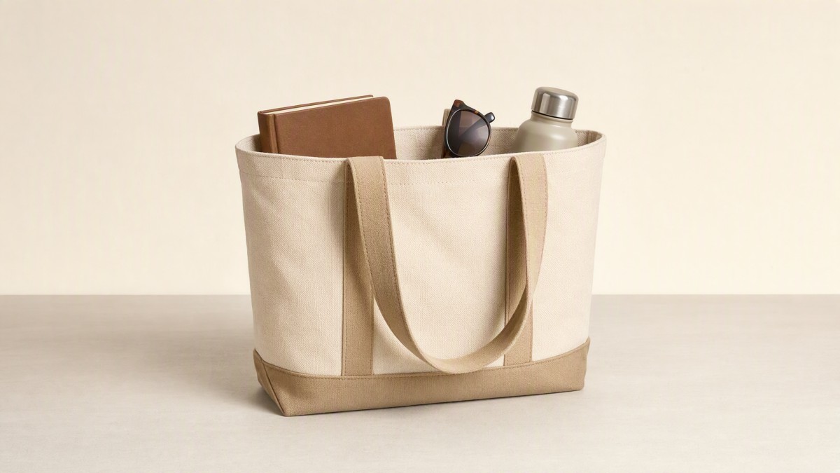 Canvas shopper tote with a notebook, sunglasses, and water bottle against a plain warm off-white wall