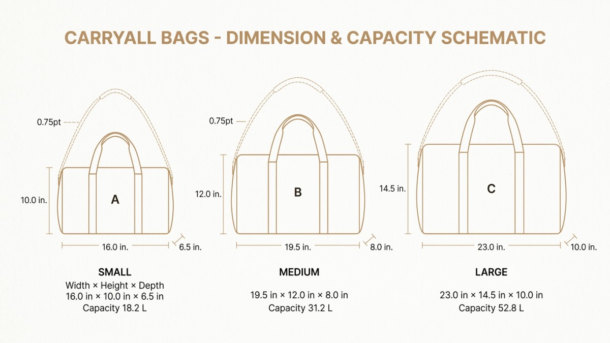 Flat-lay size comparison schematic of small, medium, and large carryall bags