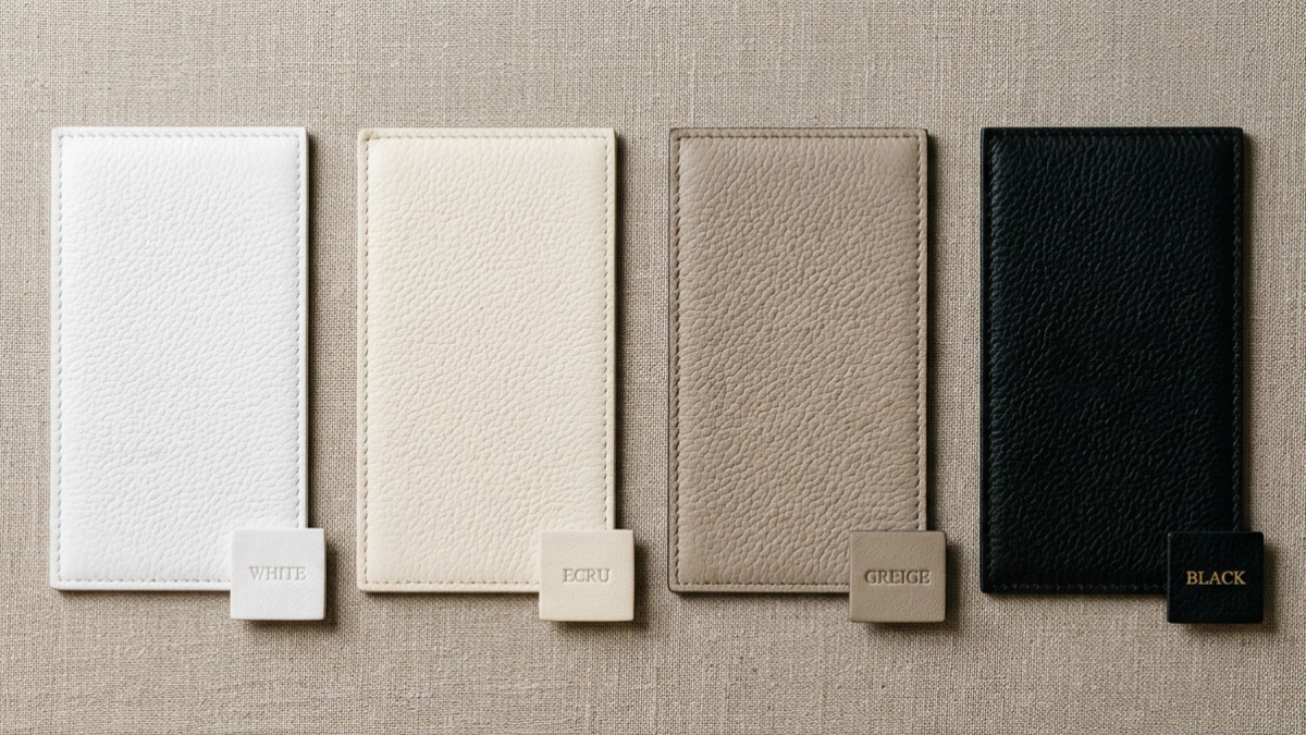 Four leather swatches — white, ecru, greige, and black — on linen board