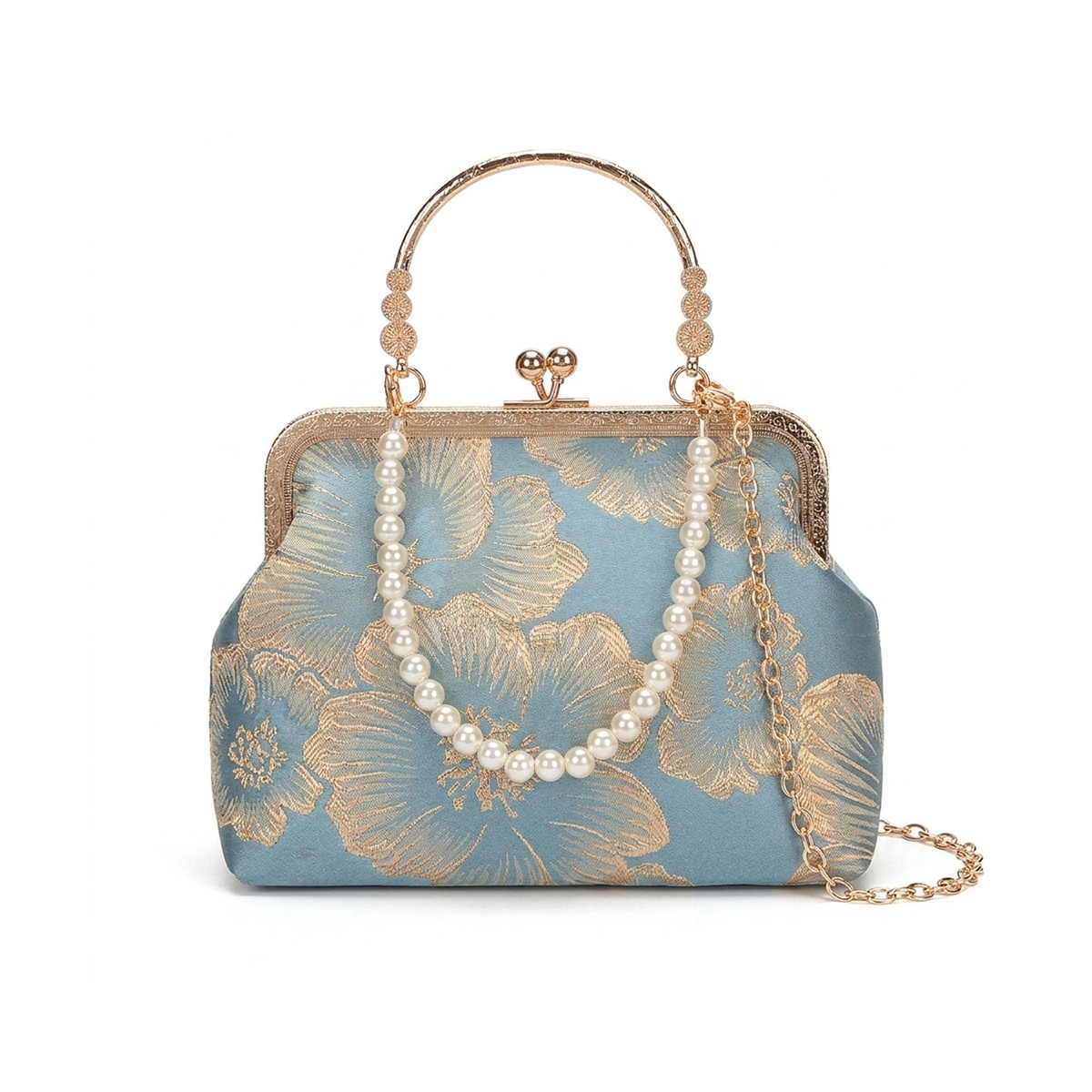 Chinese Style Kiss Lock Floral Shell Evening Bag with Pearl Chain -Elegant Chinese Style
