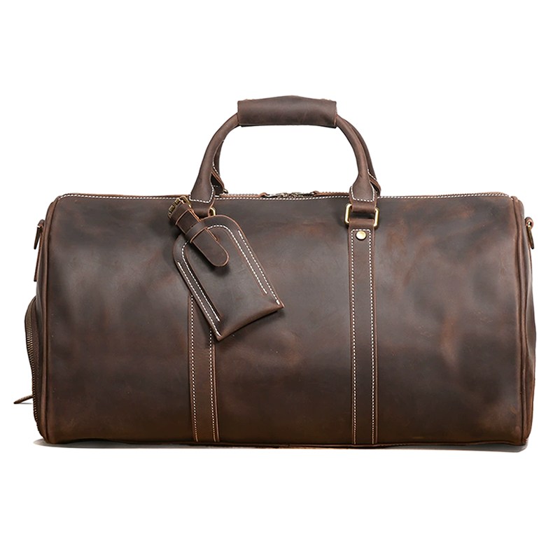 Retro Crazy Horse Leather Duffle Bag with ID Tag-Accent Tag Included