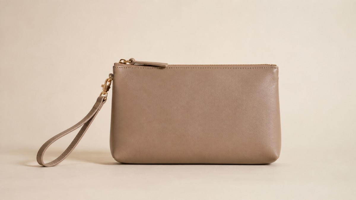 Leather wristlet against a plain warm off-white wall