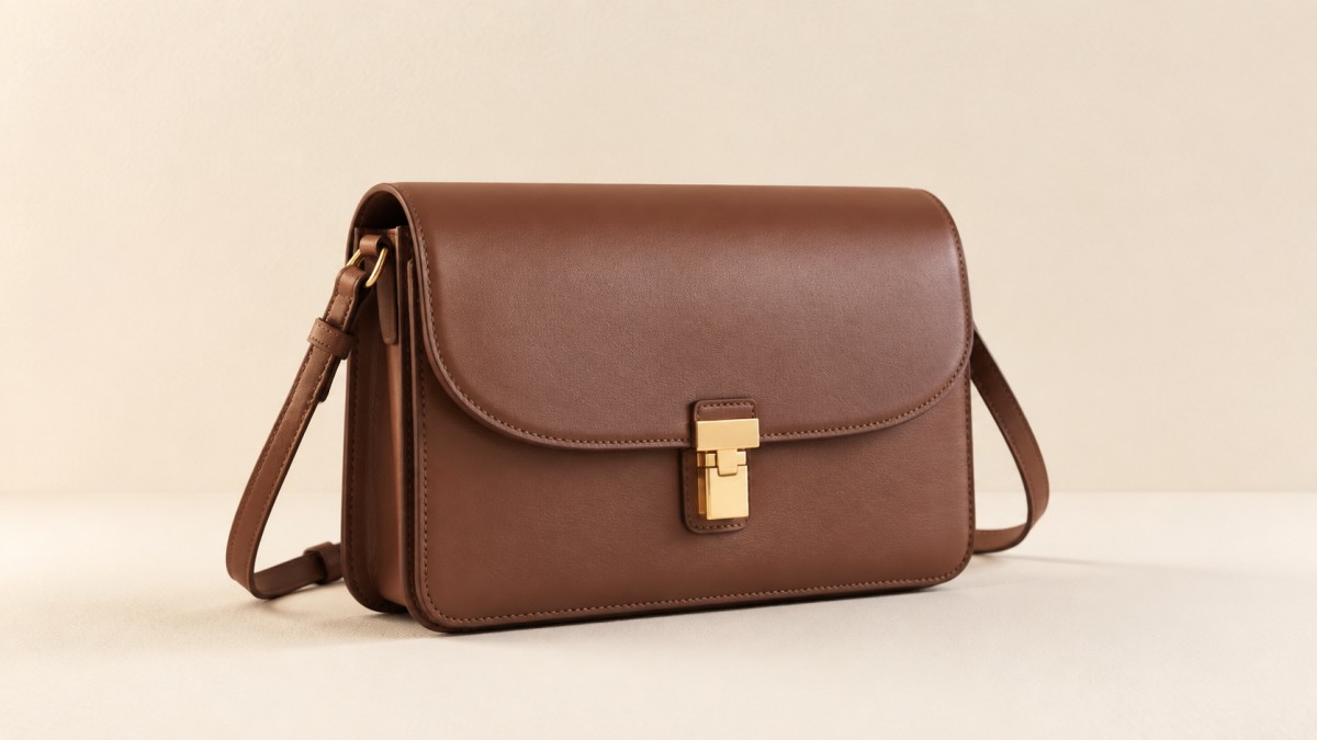 Leather flap bag against a plain warm off-white wall