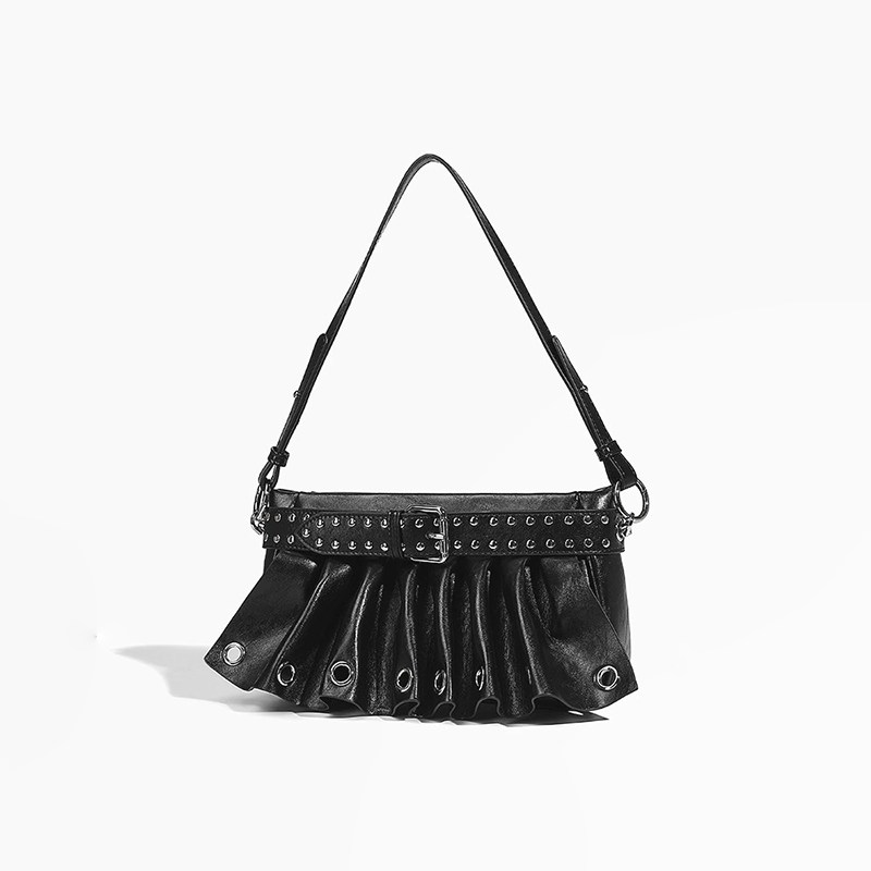 Women's Gathered Punk-Inspired Moto Crossbody Bag-Edgy Punk Aesthetic