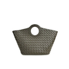 Women's Round Handle Genuine Leather Woven Basket Tote Bag
