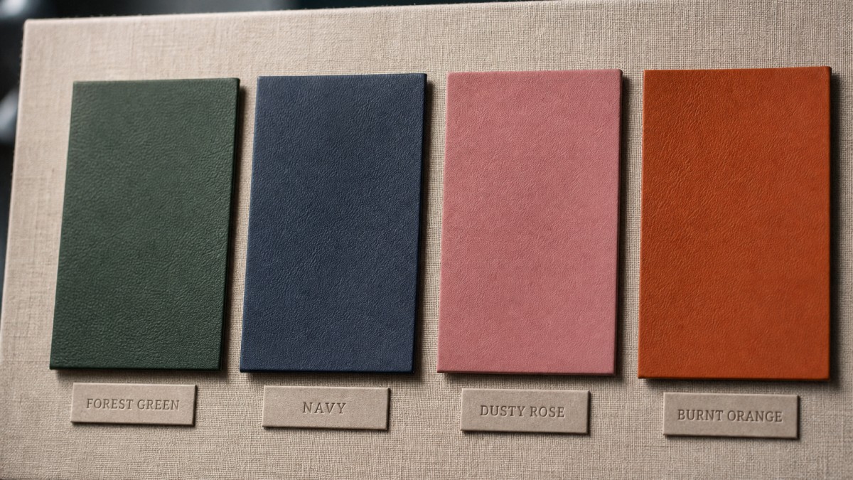 Four leather swatches — forest green, navy, dusty rose, and burnt orange — on linen board