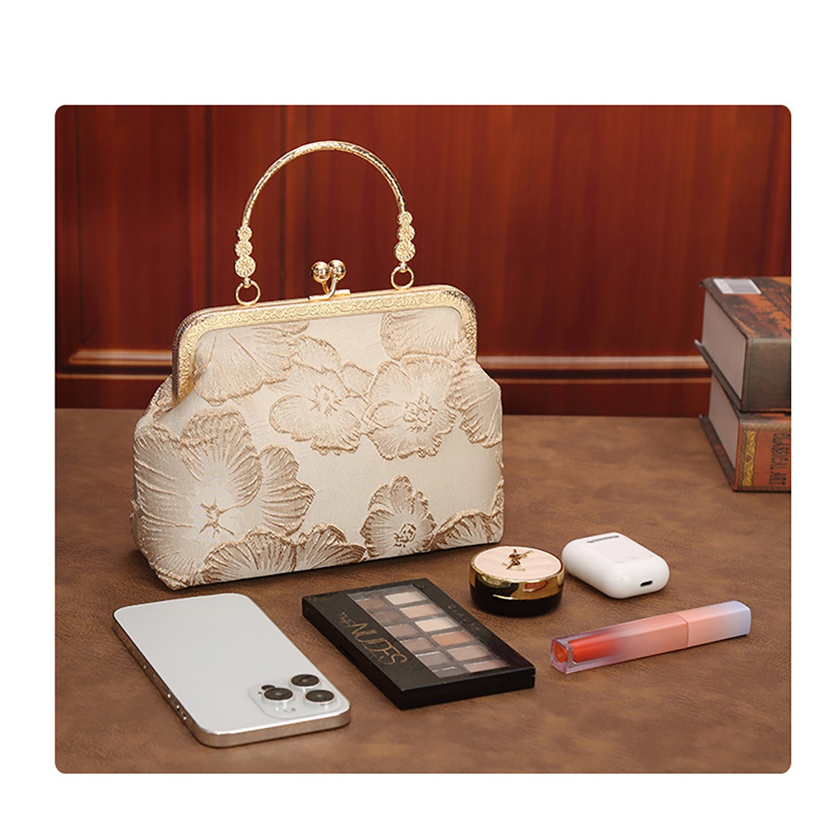 Chinese Style Kiss Lock Floral Shell Evening Bag with Pearl Chain -Holds Your Event Essentials