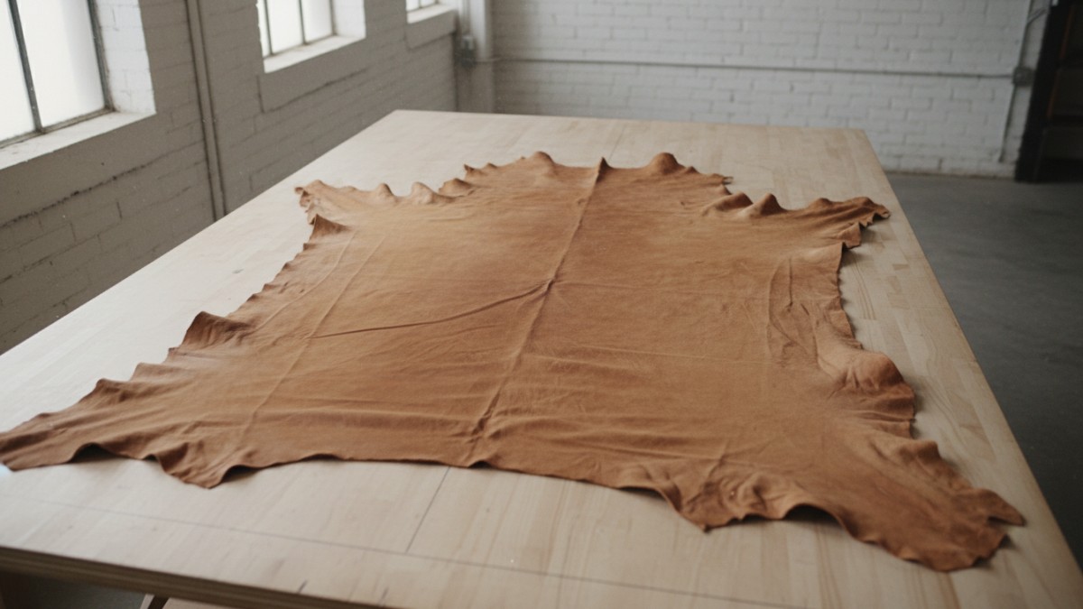 Camel leather hide on a cutting table
