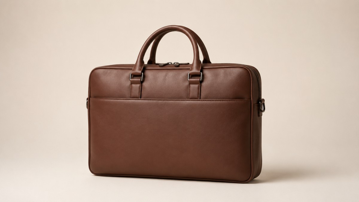Leather briefcase-style laptop bag against a plain warm off-white wall