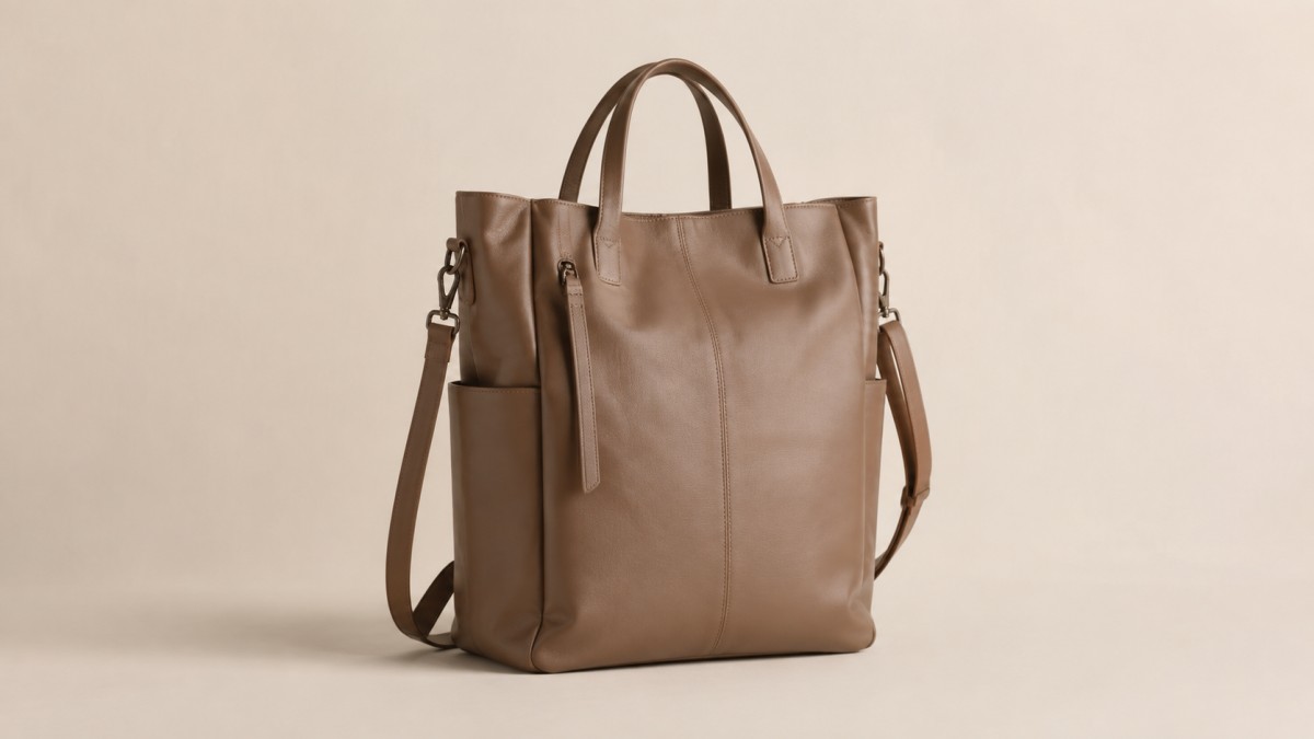 Leather convertible bag against a plain warm off-white wall