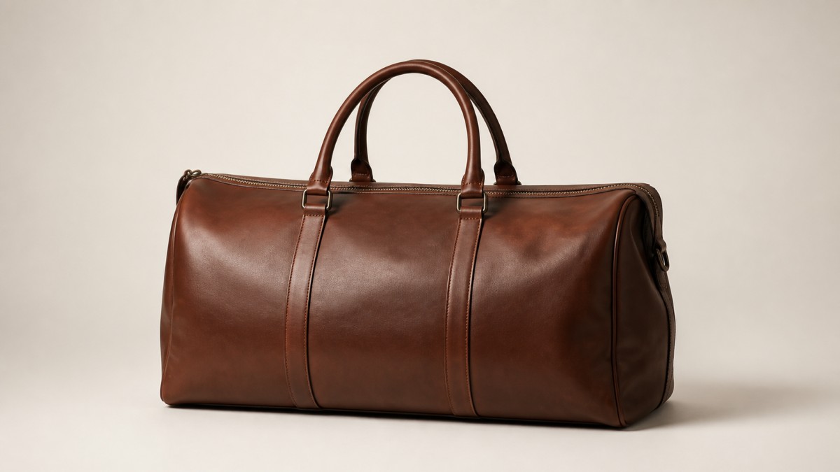 Smooth leather weekender duffel with two carry handles and a full top zipper against a plain warm off-white wall