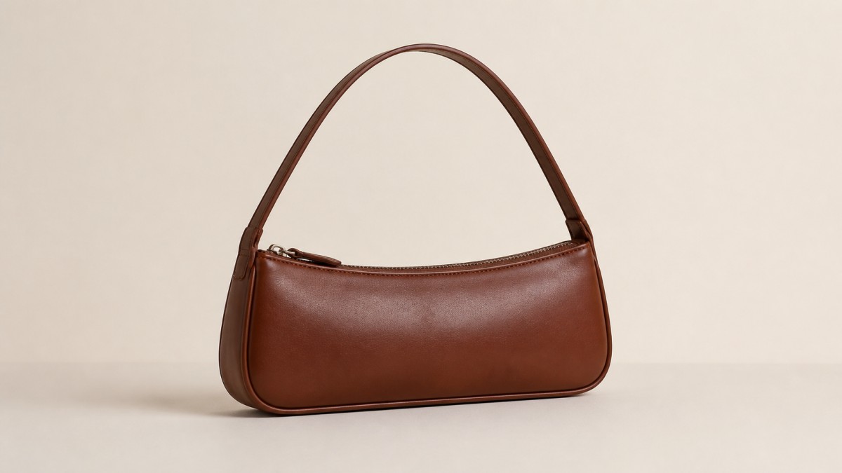 Leather baguette bag against a plain warm off-white wall