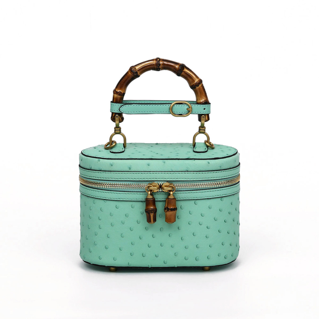 Genuine Ostrich Leather Women's Oval Cosmetic Crossbody with Bamboo Handle