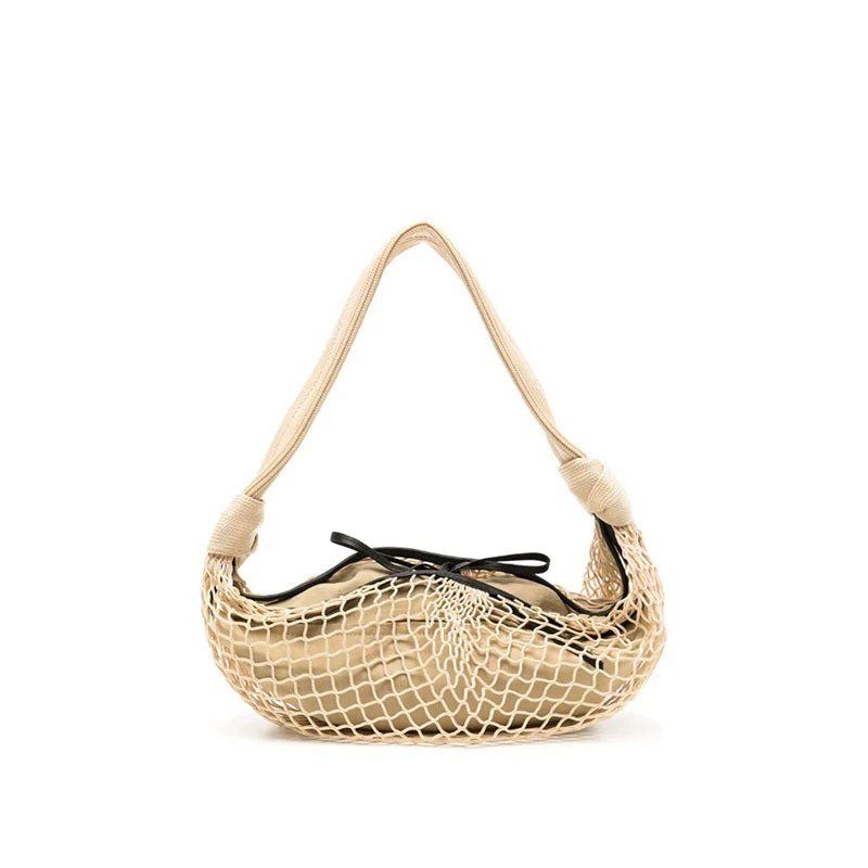 Casual Crescent-Shaped Genuine Leather Crossbody Bag with Woven Net Overlay-Relaxed Crescent Silhouette