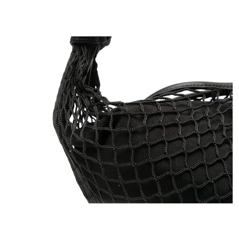 Casual Crescent-Shaped Genuine Leather Crossbody Bag with Woven Net Overlay-Woven Nylon Mesh