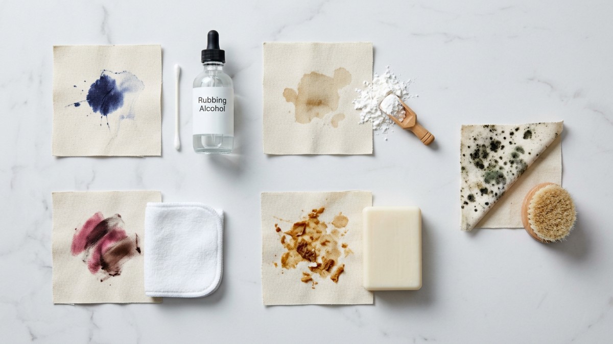 Five canvas swatches showing ink, grease, makeup, food, and mold stains with cleaning tools